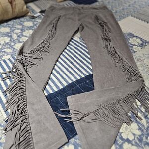 Double D Ranch Taupe Suede Pants with Fringe, Size 14 - NWT